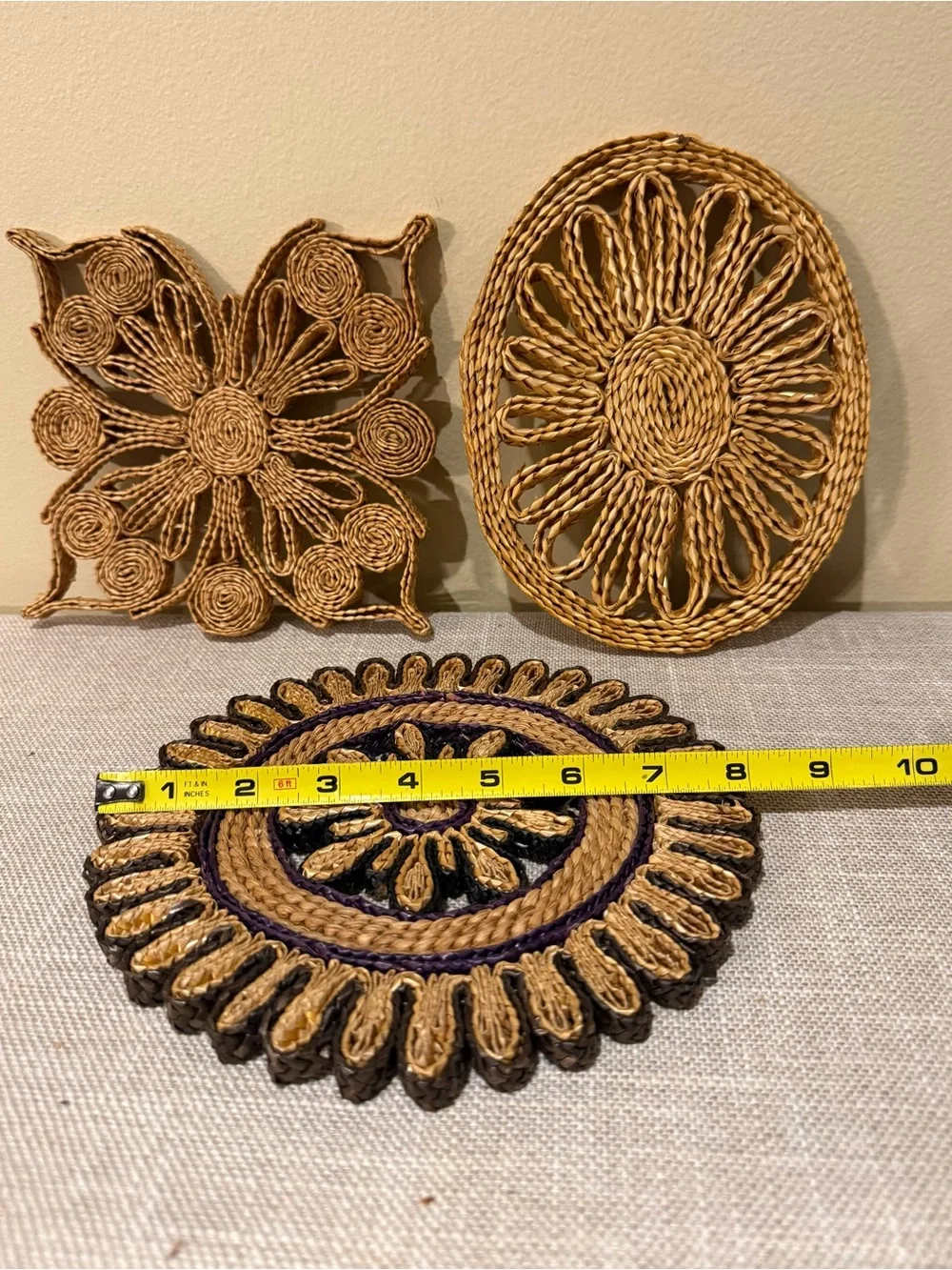 Vintage Woven Straw Rattan Trivets Lot Wall Decor Set of 3 Floral Boho